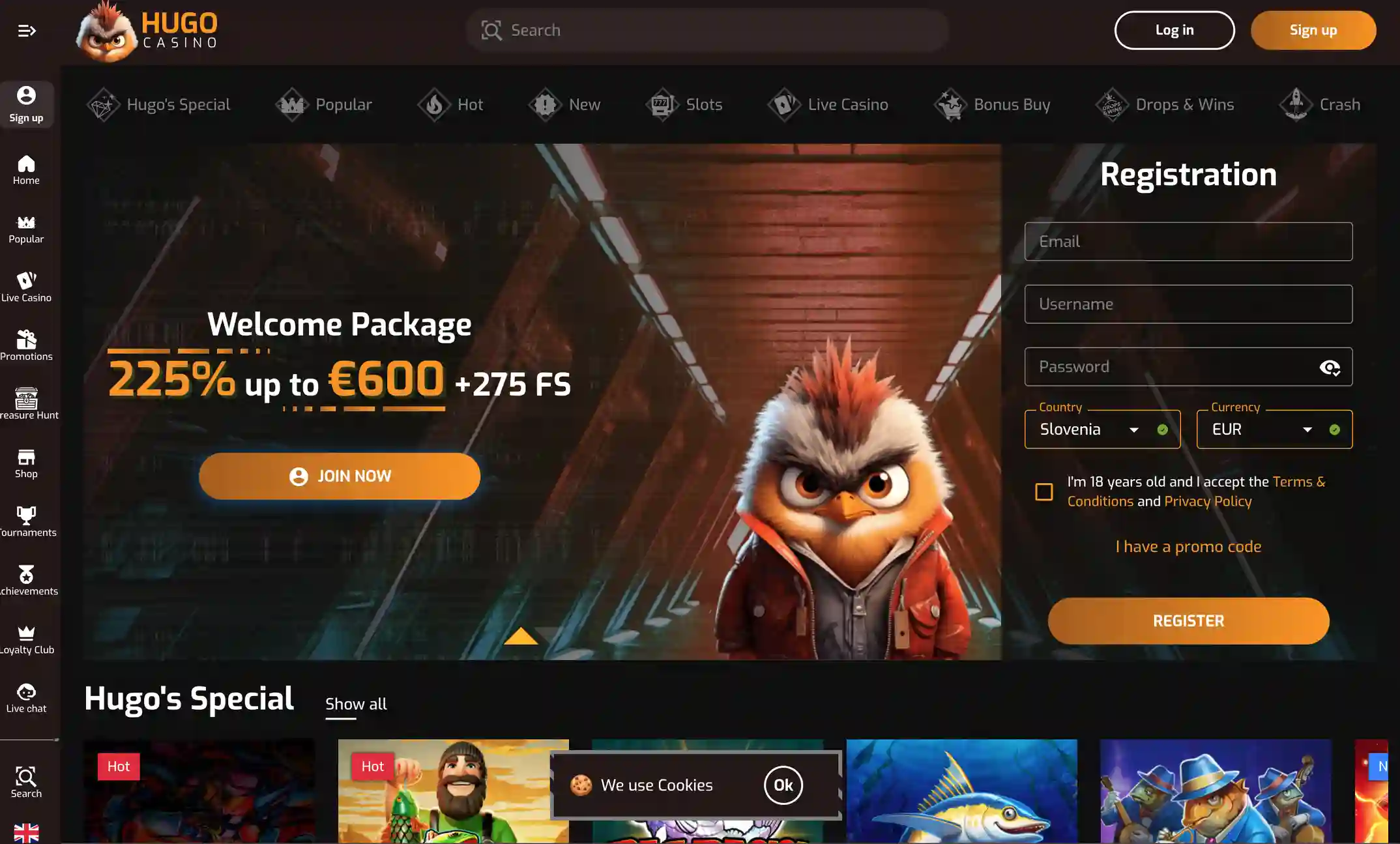 Hugo Casino mobilna stran